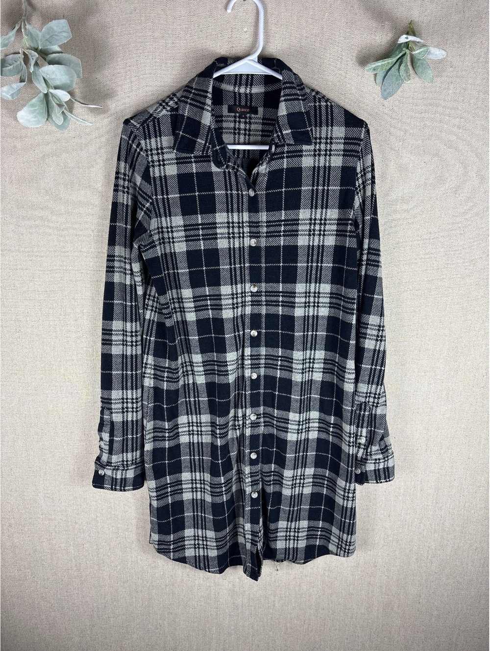 Quince > Black Check Sweater Fleece Button Down Dress Small